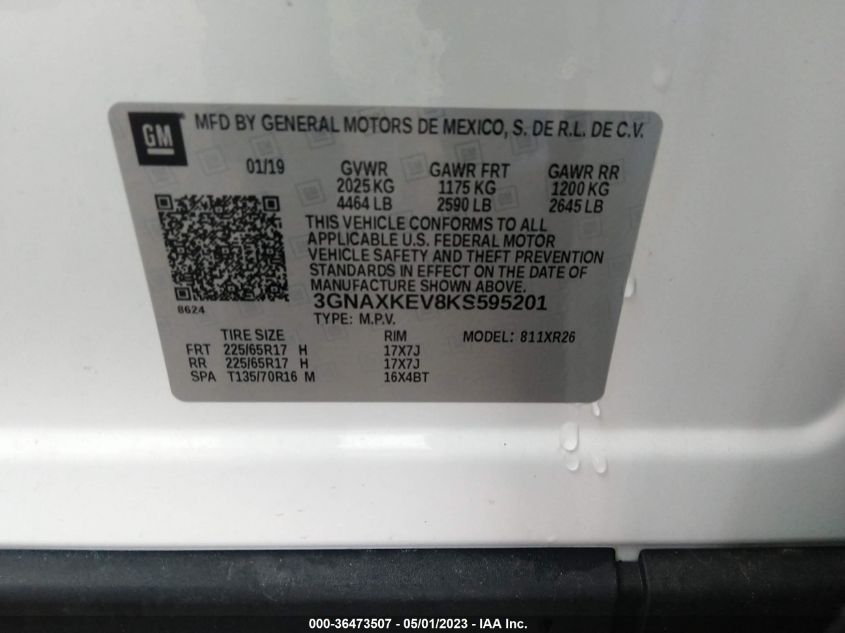 2019 CHEVROLET EQUINOX LT - 3GNAXKEV8KS595201