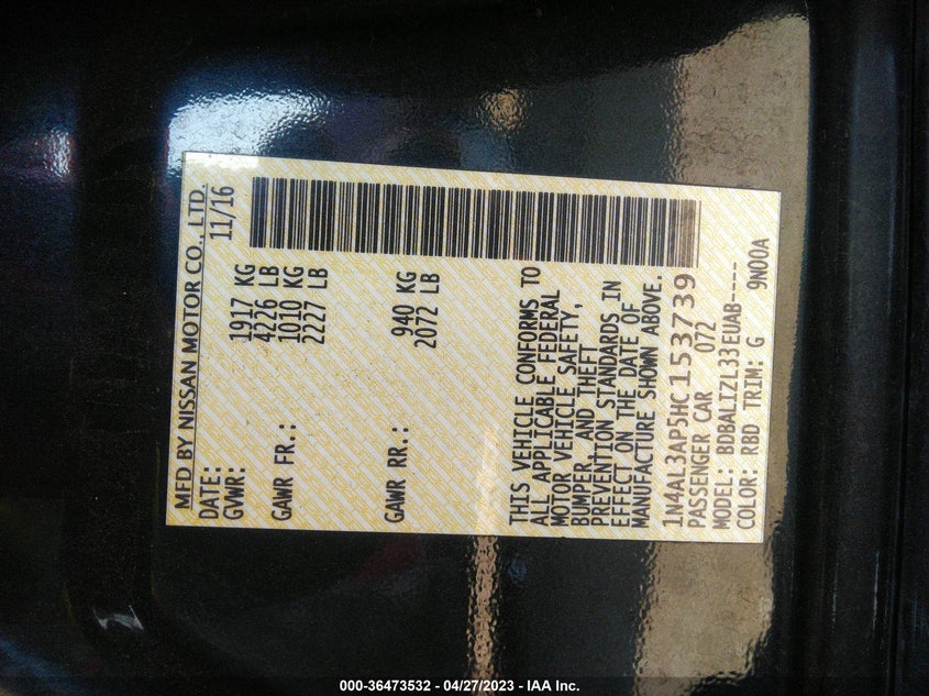 VIN 1N4AL3AP5HC153739 2017 NISSAN ALTIMA 2.5 SV