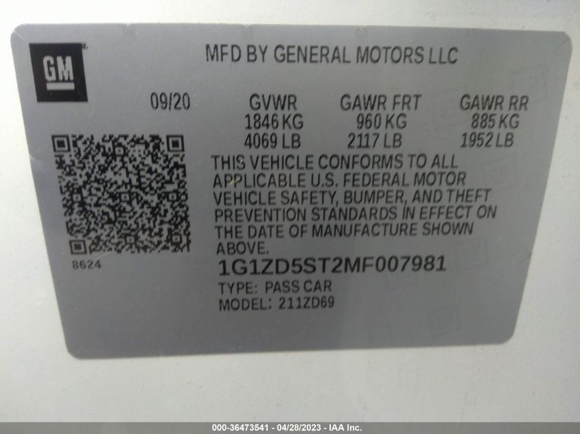 2021 CHEVROLET MALIBU LT - 1G1ZD5ST2MF007981