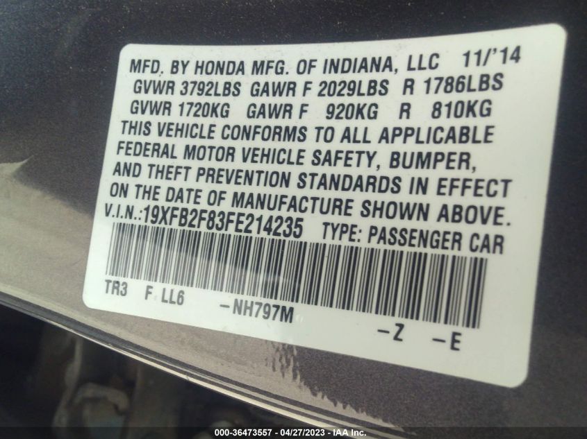 2015 HONDA CIVIC SEDAN EX - 19XFB2F83FE214235