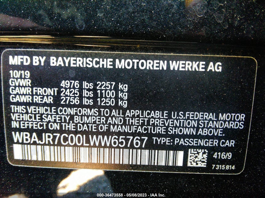 VIN WBAJR7C00LWW65767 2020 BMW 5 SERIES 530I XDRIVE