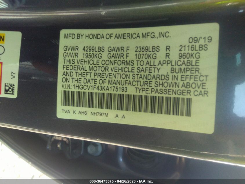 2019 HONDA ACCORD SEDAN EX 1.5T - 1HGCV1F43KA175193