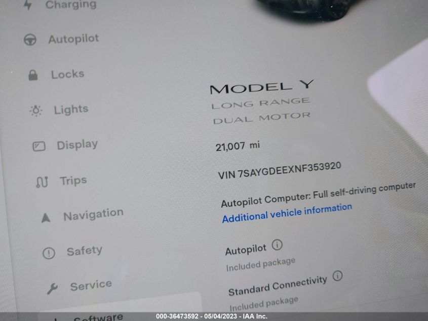 2022 TESLA MODEL Y LONG RANGE - 7SAYGDEEXNF353920