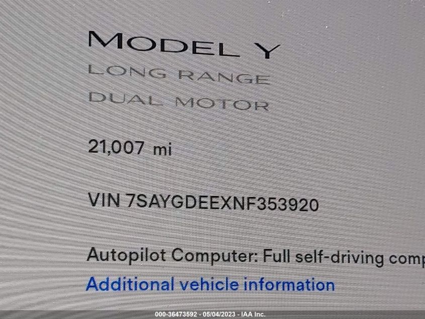 2022 TESLA MODEL Y LONG RANGE - 7SAYGDEEXNF353920