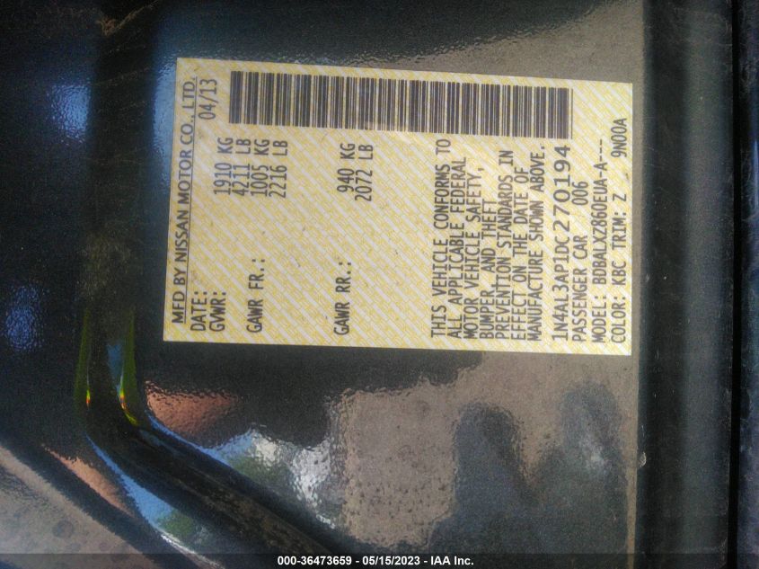 2013 NISSAN ALTIMA 2.5 SL - 1N4AL3AP1DC270194