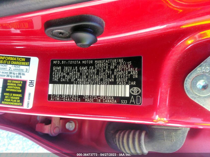 2015 TOYOTA COROLLA L/LE/S/S PLUS/LE PLUS - 2T1BURHE0FC345951
