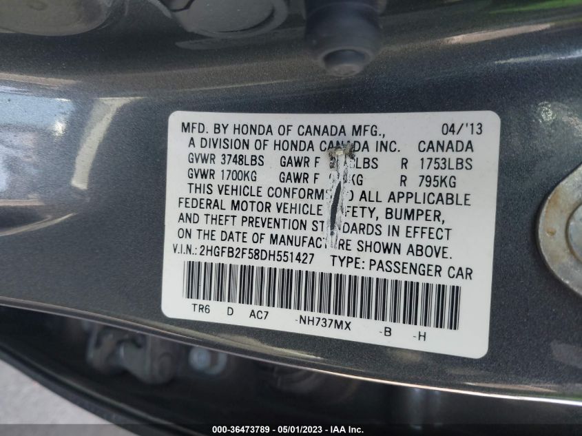 2013 HONDA CIVIC SDN LX - 2HGFB2F58DH551427