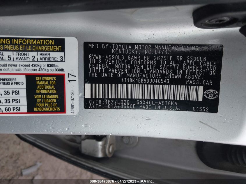 2013 TOYOTA AVALON XLE/LIMITED - 4T1BK1EB9DU040543