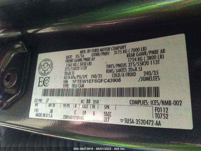 2016 FORD F-150 XLT/XL/LARIAT/PLATINUM - 1FTEW1EF6GFC43908