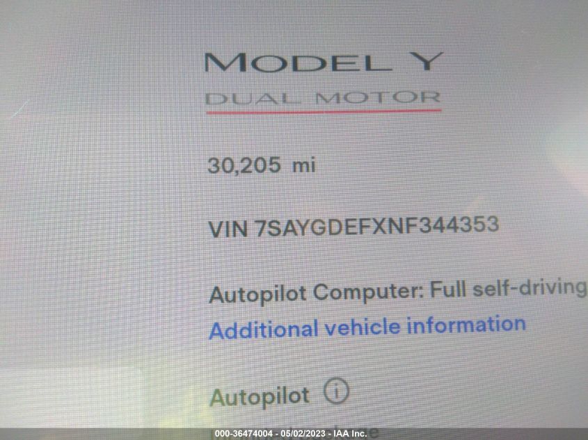2022 TESLA MODEL Y PERFORMANCE - 7SAYGDEFXNF344353