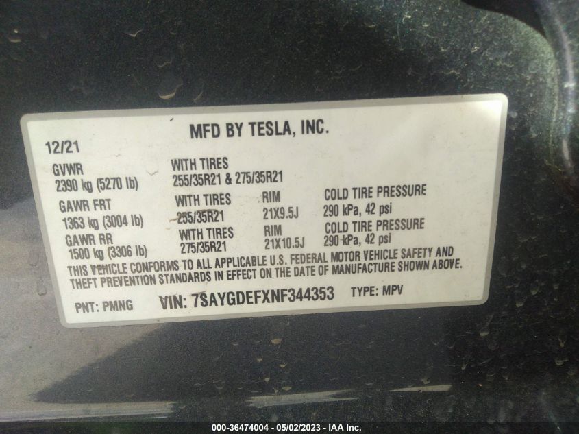 2022 TESLA MODEL Y PERFORMANCE - 7SAYGDEFXNF344353
