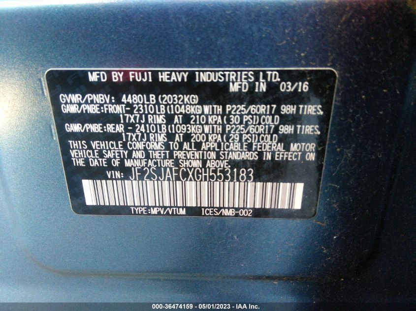 2016 SUBARU FORESTER 2.5I PREMIUM - JF2SJAFCXGH553183