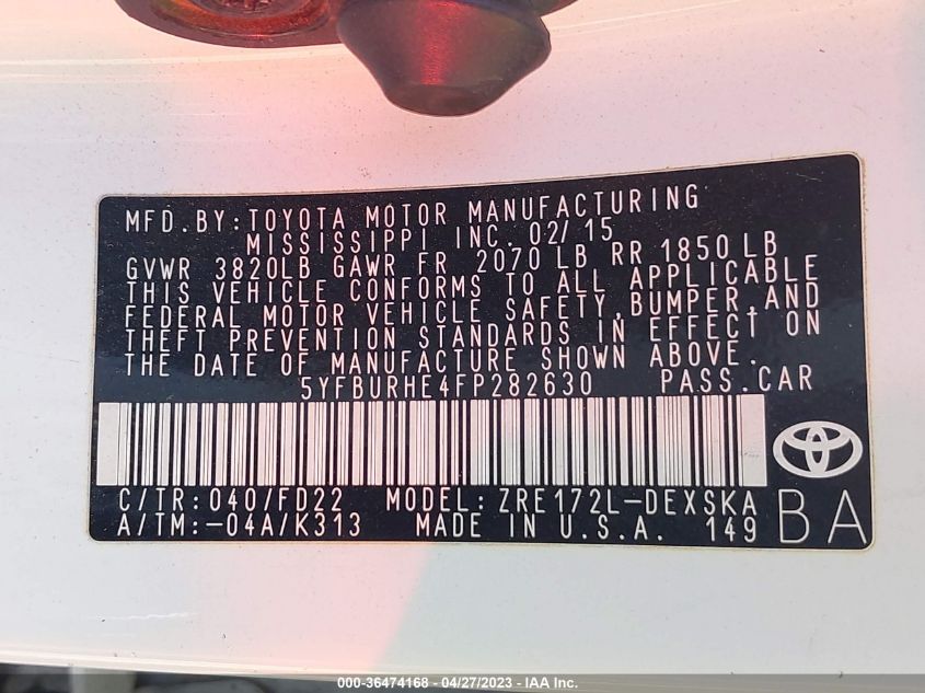 2015 TOYOTA COROLLA L/LE/S/S PLUS/LE PLUS - 5YFBURHE4FP282630