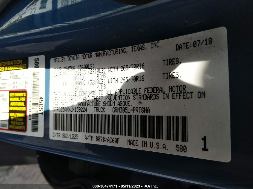 2018 TOYOTA TACOMA SR/SR5/TRD SPORT - 5TFCZ5ANXJX159224