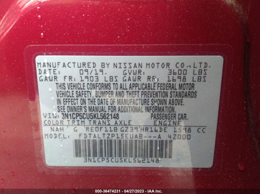 2019 NISSAN KICKS SR - 3N1CP5CU5KL562148