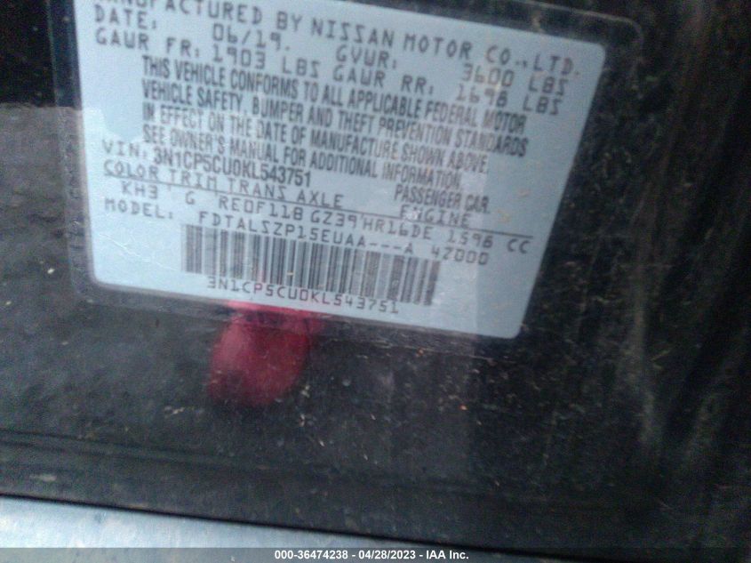 2019 NISSAN KICKS SV - 3N1CP5CU0KL543751