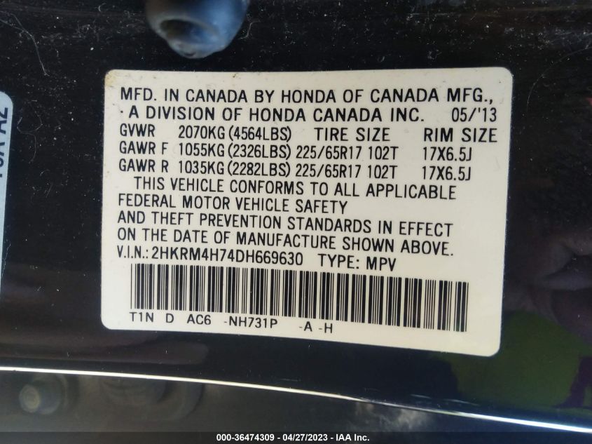 2013 HONDA CR-V EX-L - 2HKRM4H74DH669630