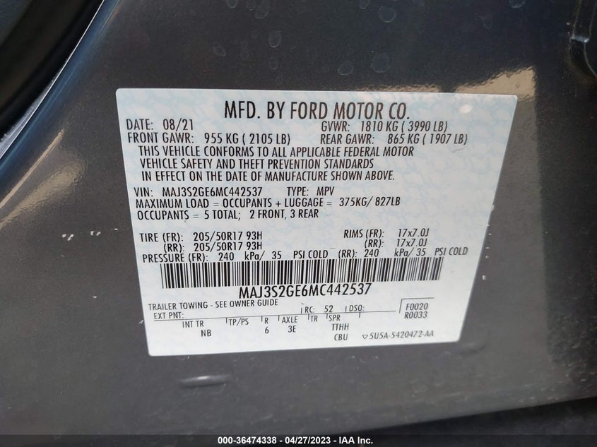 VIN MAJ3S2GE6MC442537 2021 FORD ECOSPORT SE