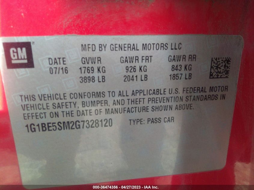 2016 CHEVROLET CRUZE LT - 1G1BE5SM2G7328120