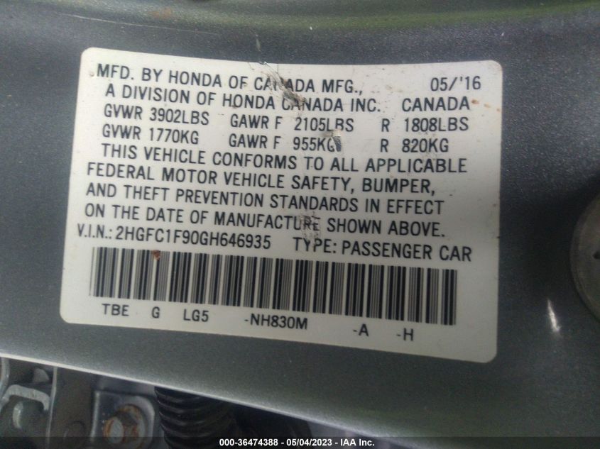 2016 HONDA CIVIC SEDAN TOURING - 2HGFC1F90GH646935