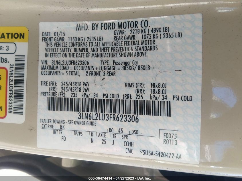 2015 LINCOLN MKZ HYBRID - 3LN6L2LU3FR623306