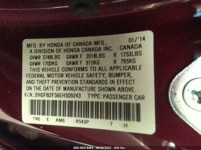 2014 HONDA CIVIC SEDAN LX - 2HGFB2F56EH509243