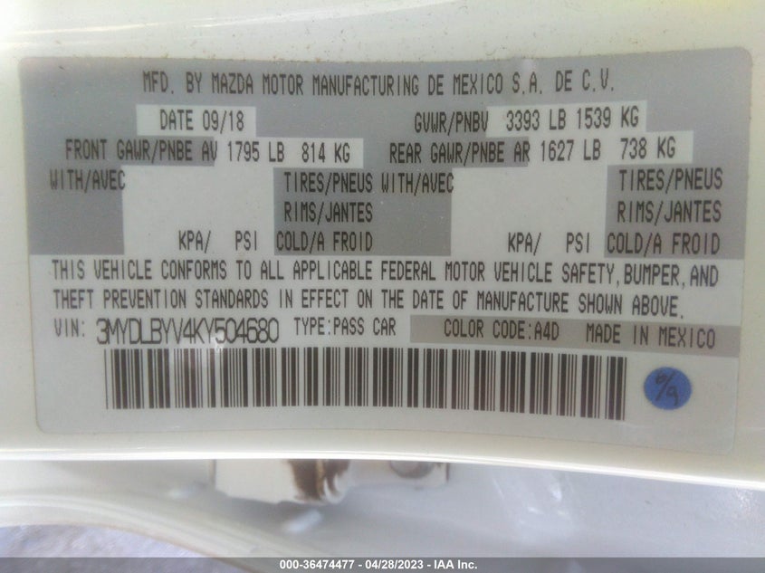 VIN 3MYDLBYV4KY504680 2019 TOYOTA YARIS SEDAN L/LE/XLE