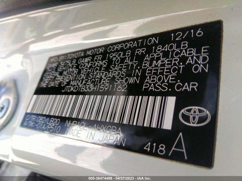 2017 TOYOTA PRIUS C ONE/TWO/THREE/FOUR - JTDKDTB33H1591162