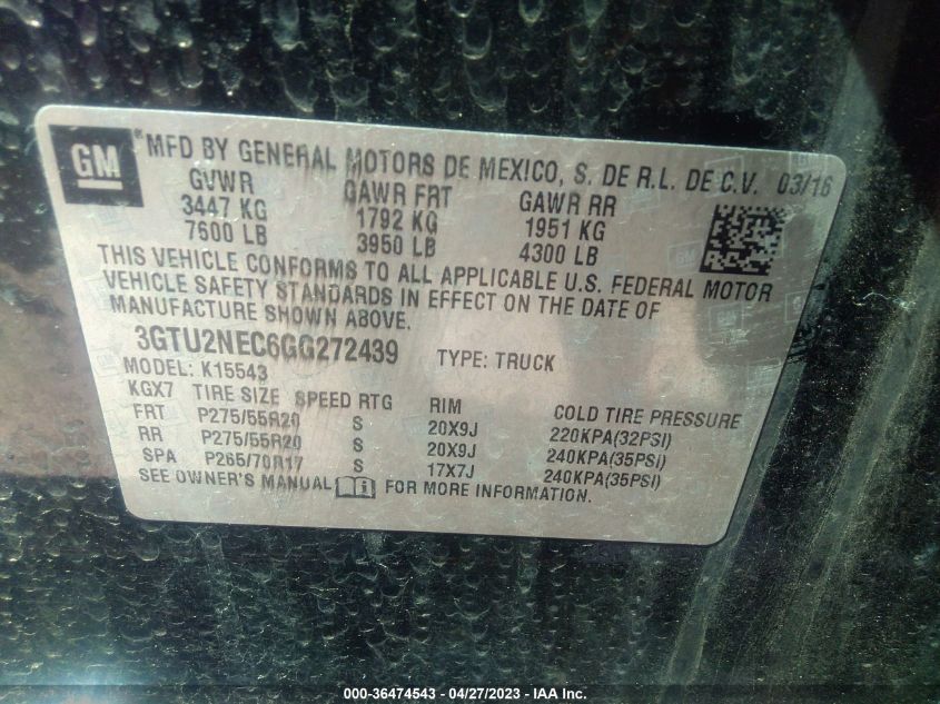 2016 GMC SIERRA 1500 SLT - 3GTU2NEC6GG272439