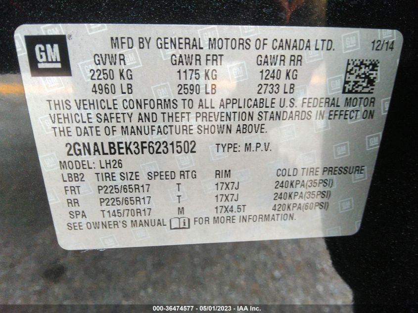 2015 CHEVROLET EQUINOX LT - 2GNALBEK3F6231502