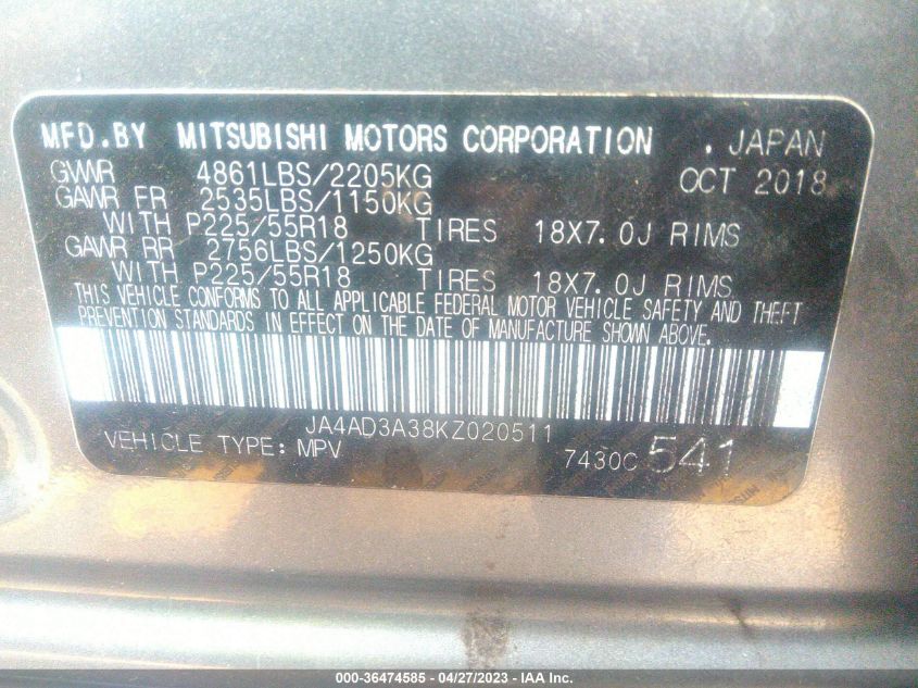 2019 MITSUBISHI OUTLANDER SE/SEL/LE - JA4AD3A38KZ020511