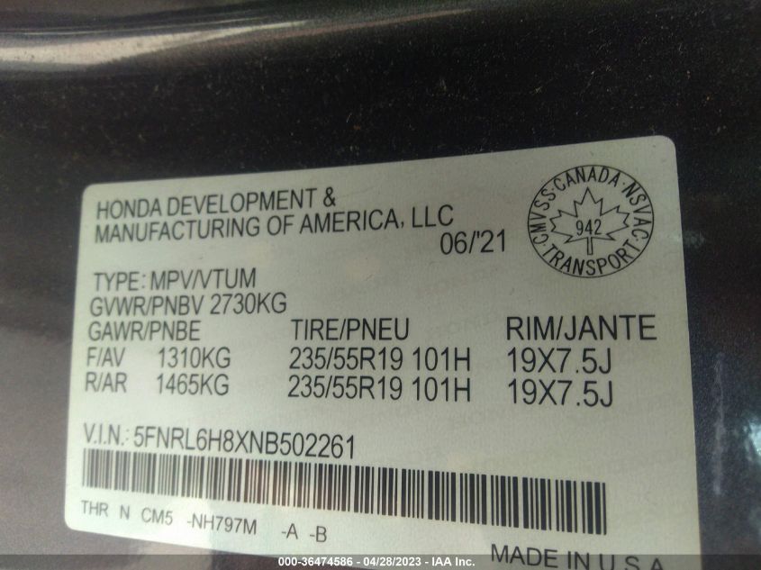 2022 HONDA ODYSSEY TOURING - 5FNRL6H8XNB502261