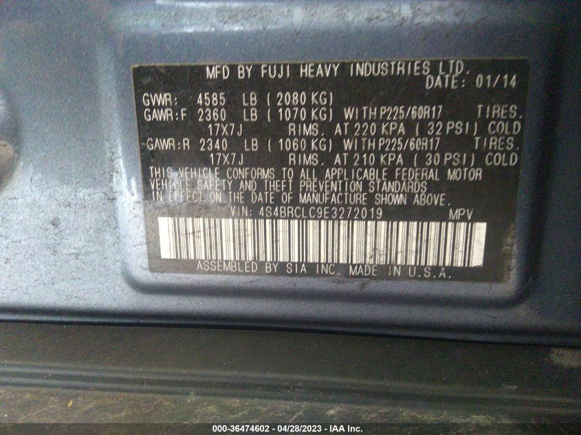 2014 SUBARU OUTBACK 2.5I LIMITED - 4S4BRCLC9E3272019