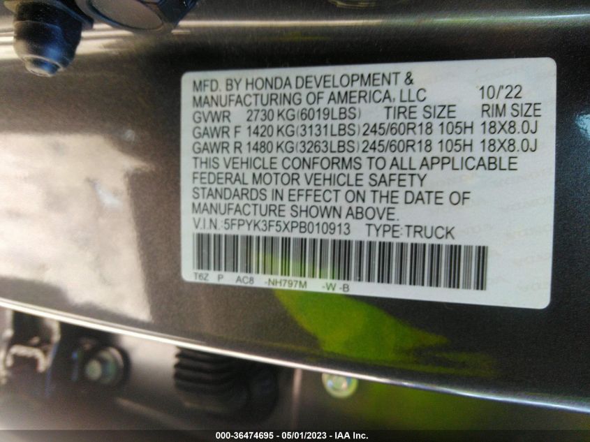 2023 HONDA RIDGELINE RTL - 5FPYK3F5XPB010913