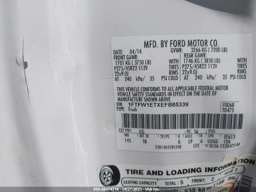 2014 FORD F-150 XL/XLT/FX4/LARIAT - 1FTFW1ETXEFB85339