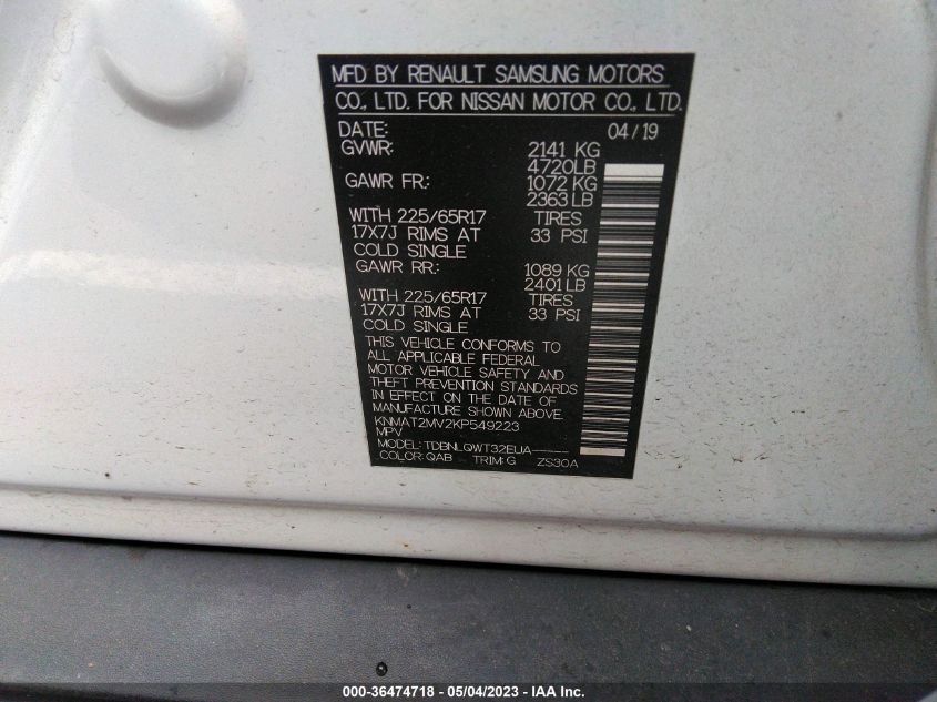 2019 NISSAN ROGUE SV - KNMAT2MV2KP549223