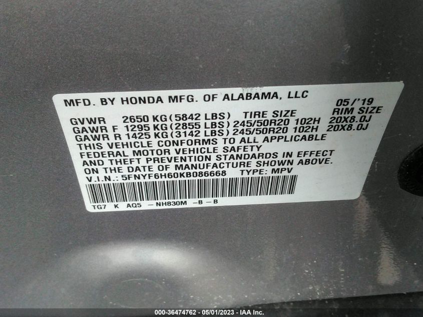 2019 HONDA PILOT TOURING 7-PASSENGER - 5FNYF6H60KB086668
