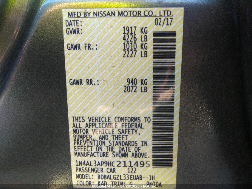 2017 NISSAN ALTIMA 2.5 S - 1N4AL3AP9HC211495