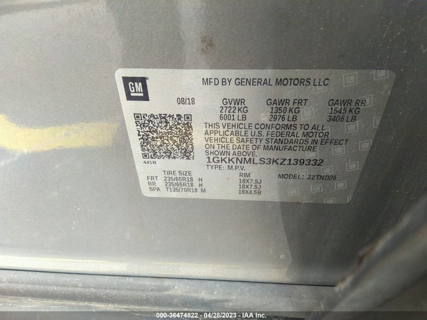2019 GMC ACADIA SLT - 1GKKNMLS3KZ139332