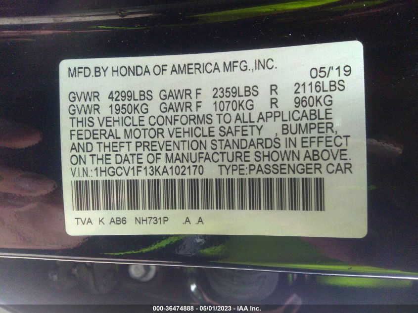 2019 HONDA ACCORD SEDAN LX 1.5T - 1HGCV1F13KA102170