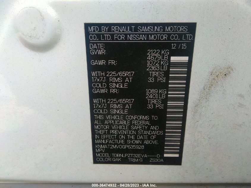2016 NISSAN ROGUE S - KNMAT2MV0GP635928
