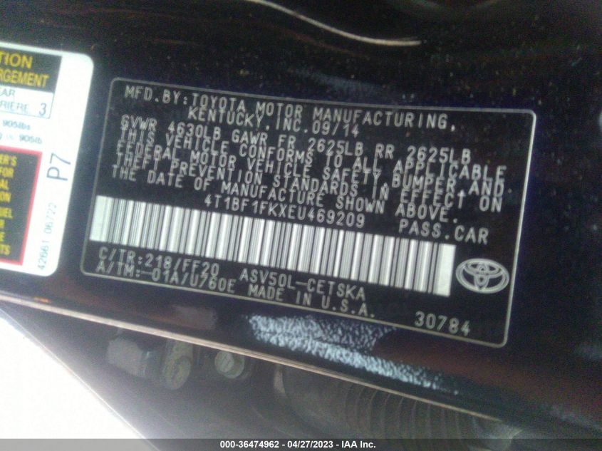 2014 TOYOTA CAMRY L/LE/XLE/SE/SE SPORT - 4T1BF1FKXEU469209