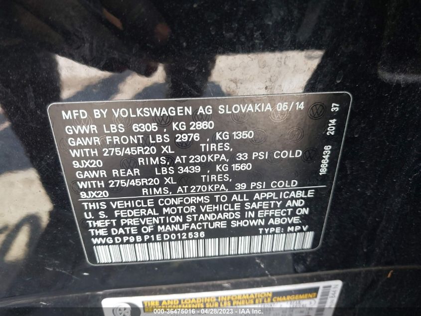 2014 VOLKSWAGEN TOUAREG R-LINE - WVGDP9BP1ED012536