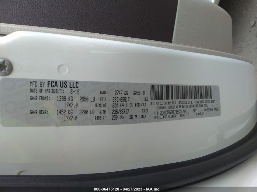 2019 CHRYSLER PACIFICA TOURING L - 2C4RC1BG2KR738373