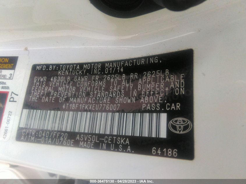 2014 TOYOTA CAMRY L/LE/XLE/SE/SE SPORT - 4T1BF1FKXEU776007