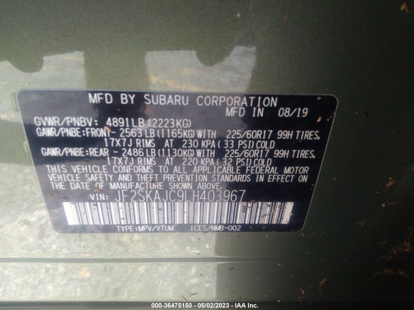 2020 SUBARU FORESTER PREMIUM - JF2SKAJC9LH403967