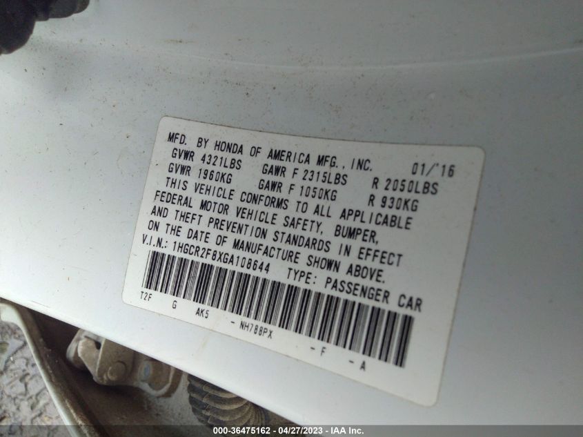 2016 HONDA ACCORD SEDAN EX-L - 1HGCR2F8XGA108644