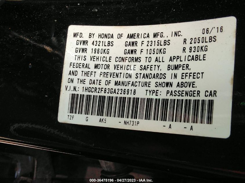 2016 HONDA ACCORD SEDAN EX-L - 1HGCR2F83GA236918