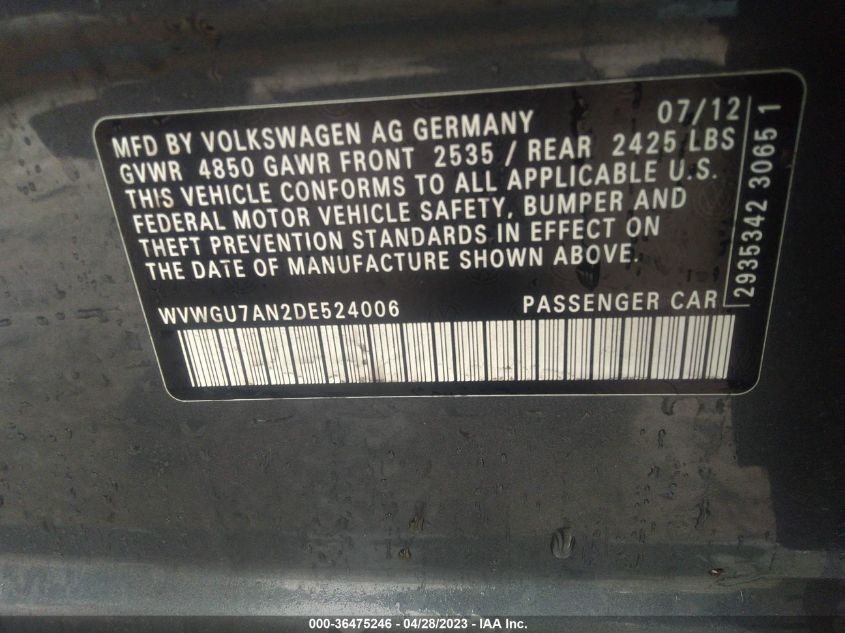 2013 VOLKSWAGEN CC VR6 EXECUTIVE 4MOTION - WVWGU7AN2DE524006