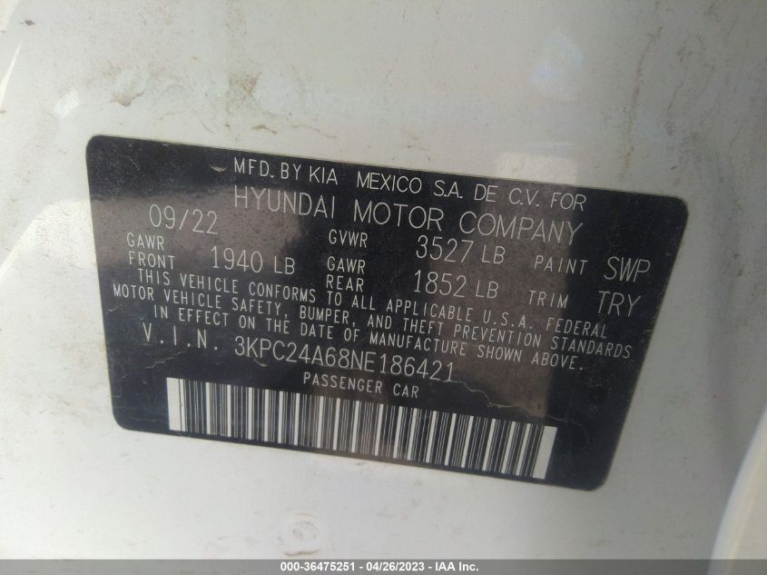 2022 HYUNDAI ACCENT SE - 3KPC24A68NE186421